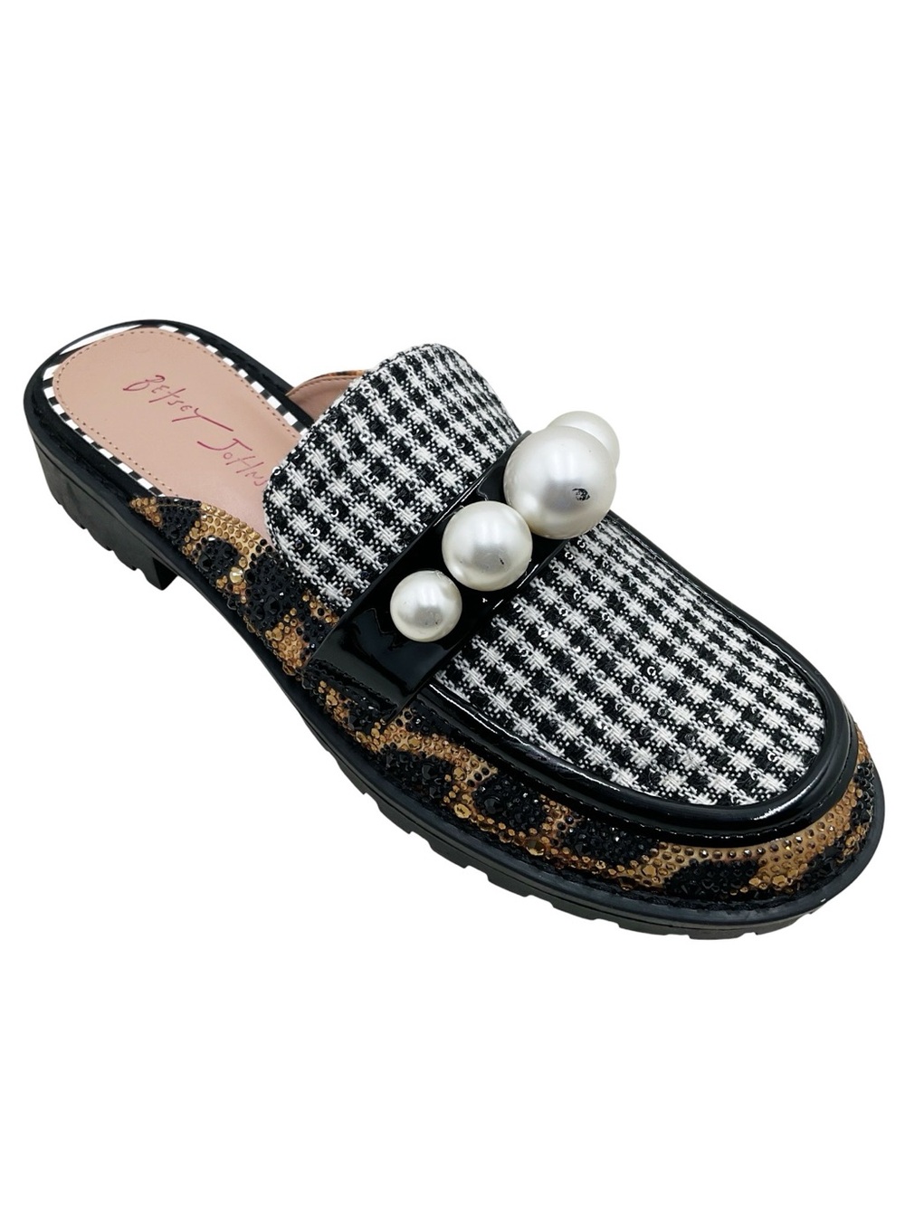 {Betsey Johnson} Norah Pearl-Embellished Houndstooth & Leopard Lug-Sole Loafers